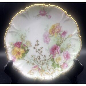 VTG Coronet‎ Limoges France Hand Painted Rose Floral Gold Trim Plate 8.5”